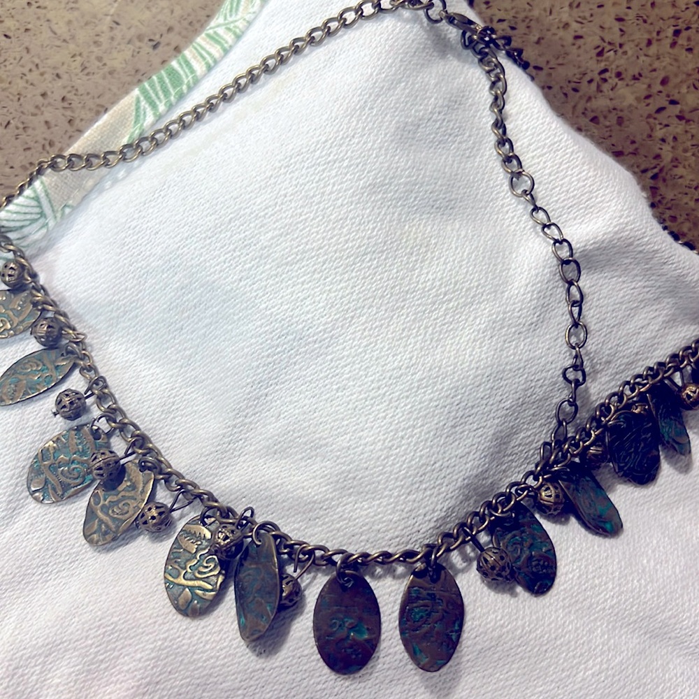 Brass gold & teal necklace